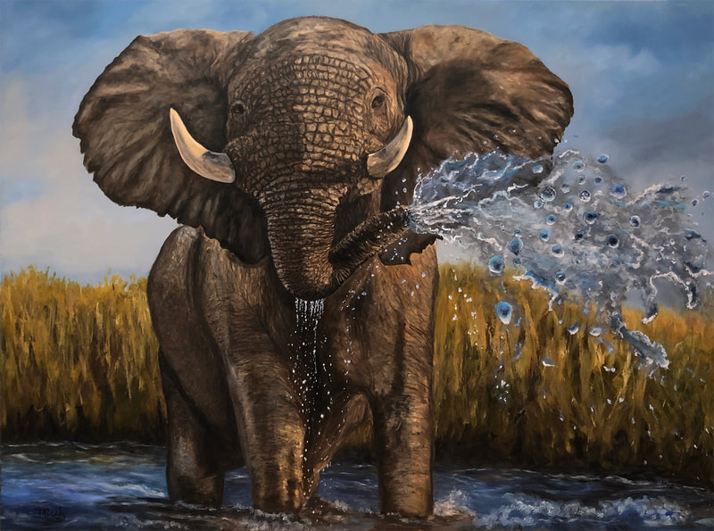 African Elephant Oil Painting by Jan Priddy - Member of James River Art League - Splash - Crossroads Art Center All Media Show